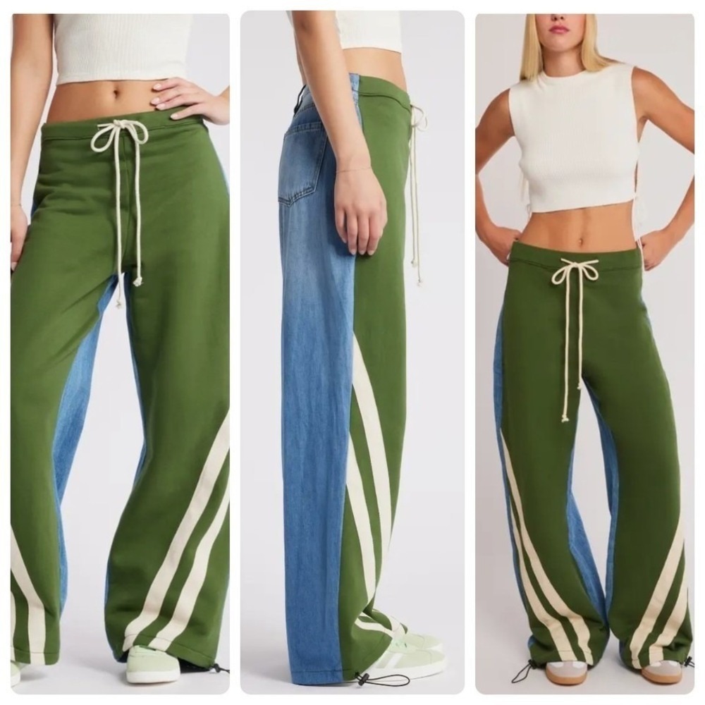 Austin Landing Wide Leg Athletic Pants Green Denim Panel High Rise Jogger Size 1